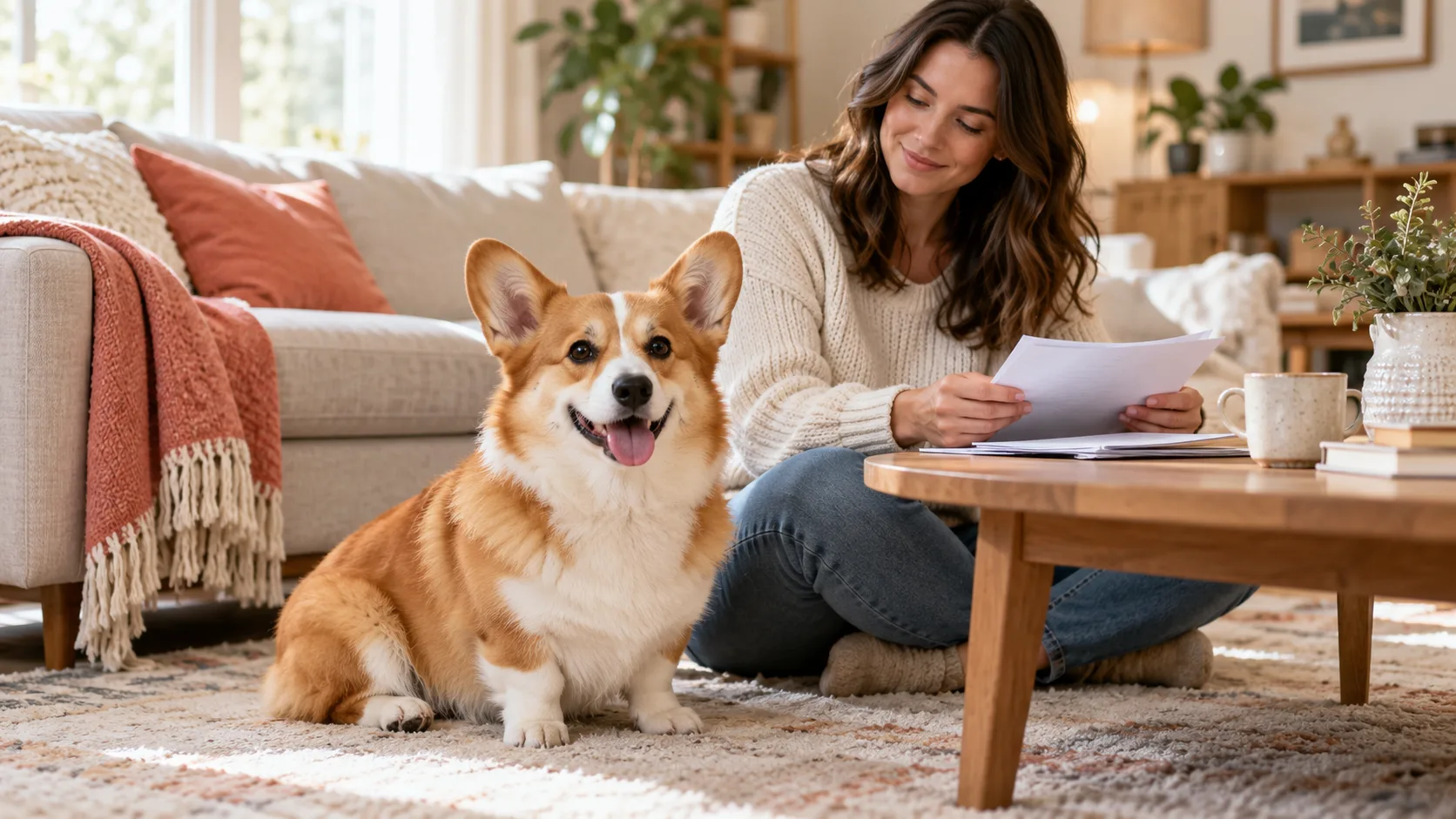 Red-and-white Corgi beside an owner reviewing papers at a low table